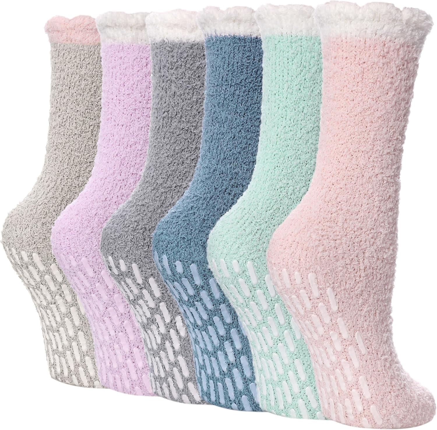 6Pairs Non Slip Socks for Women Winter Warm Cozy Fuzzy Slipper Socks Soft Fluffy Hospital Socks with Grips
