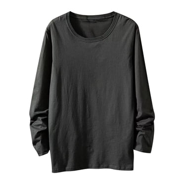 Jalioing Cotton T Shirt for Men Solid Long Sleeve Crew Neck Basic Tee Casual Loose Fashion Shirts Tops