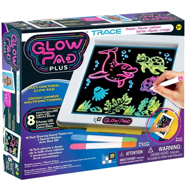 AMAV Original Glow Pad Plus drawing tablet for kids, 9.5 by 8 inches, featuring 8 interchangeable LED light effects and three markers, shown with colorful neon sea animal drawings including a dolphin, turtle, and jellyfish, designed for creative arts and crafts and travel-ready with auto shut-off.