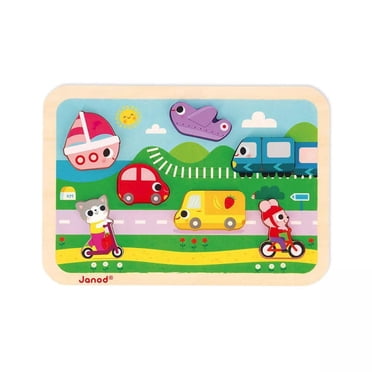 Janod - Puzzle Chunky Véhicules - 7 Pièces Animaux - Bois - Éveil - Compétences Motrices Fines - Pour Tout-Petits - Dès 18 Mois + - Multilingue - J07124