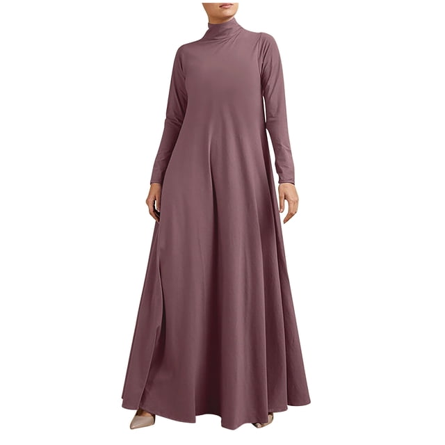 RKSTN Robes d'Automne pour Femmes Grande Taille Décontractées Robe de Couleur Unie Col Montant Manches Longues Hiver Automne Basique Tempérament Fluide Robe Maxi