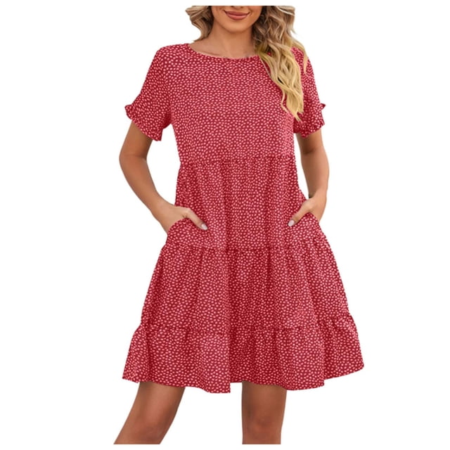 Kcodviy Robe Bohème Évasée Carrée Robes d'Été Col Manches Courtes Décontractée Robe Portefeuille pour Femmes Robe d'Été à Volants pour l'Été Robe Décontractée pour Femmes Légère Mi-Longue à Étages pour Robe Décontractée Femmes