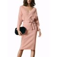 thumbnail image 2 of INSPIRE CHIC Robe Midi pour Femme Col en V Profond Manches Chauve-Souris Longues Ceinturée Robe Chandail Portefeuille m Rose, 2 of 6