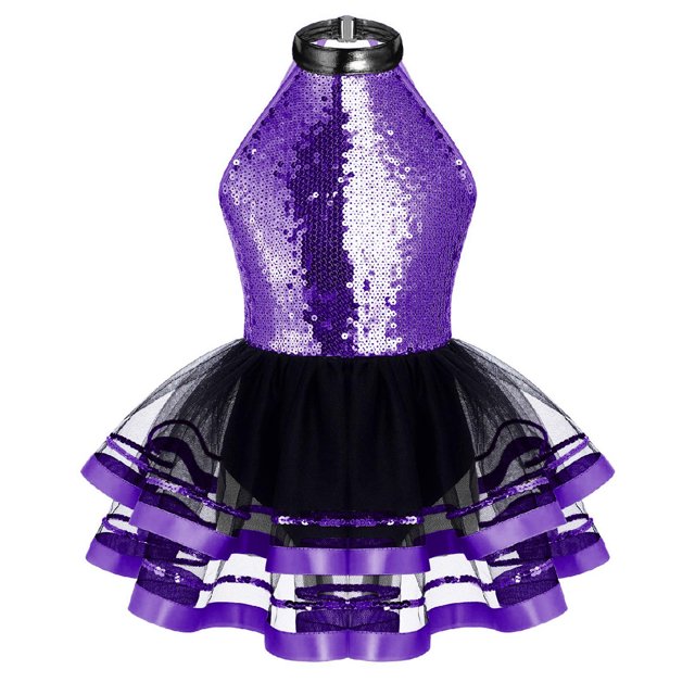 Oyolan Robe Justaucorps de Danse Ballet Métallique à Paillettes pour Filles avec Jupes Tutu en Tulle Robes de Performance Violet 6