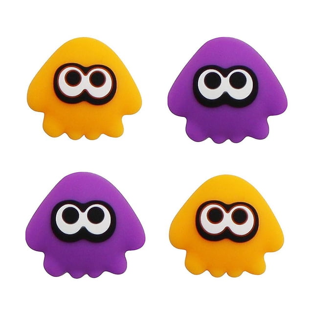 Switch Thumb Grips Cover Silicone Cute Splatoon Squid Joystick Caps compatible with Nintendo Switch/OLED/Lite controllers. This set of four thumb grips features vibrant yellow and purple squid designs with bold black and white eye details. Made of silicone for enhanced grip, comfort, and accuracy, ideal for Nintendo Switch accessories enthusiasts.