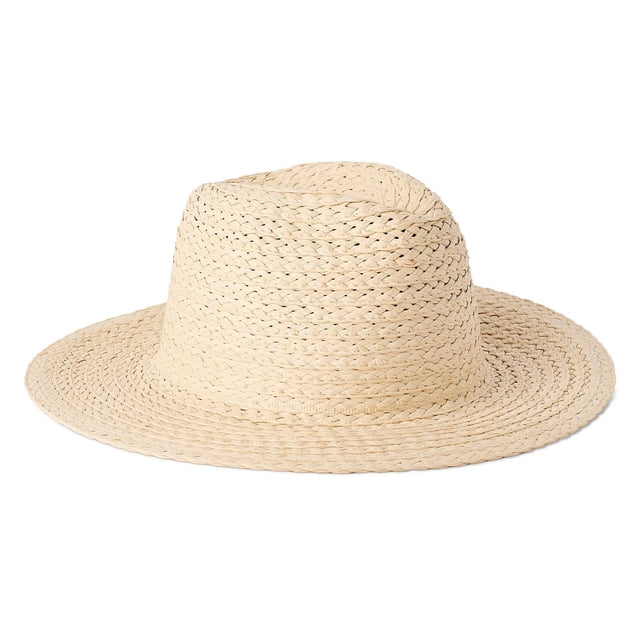 Time and Tru Women's Straw Panama Hat in natural beige with a dented crown and wide brim, made from 100% paper straw, featuring front embroidery and an adjustable inner tie for a comfortable fit, suitable for warm-weather outfits.