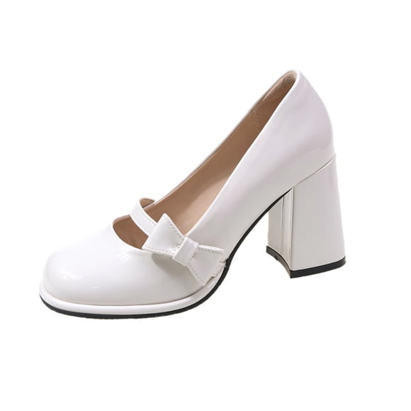 Womens Mary Jane Shoes Bow Vintage Square Toe Dress Shoes Chunky Mid Heel Oxford Shoes Slip on Pumps White