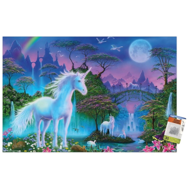 Affiche Murale de Prairie de Licorne, 22,375 Po x 34 Po, Représente une Licorne Blanche Lumineuse Debout sur une Prairie Couverte de Fleurs avec une Licorne et un Poulain Plus Petits Près d'Un Étang avec des Cygnes. l'Arrière-plan Présente des Cascades, des Arbres Luxuriants, des Montagnes Violettes, une Pleine Lune et un Arc-en-Ciel. Imprimée sur du Papier Lustré, Cette Oeuvre Murale Convient à la Décoration de Chambre, de Bureau Ou de Fête.