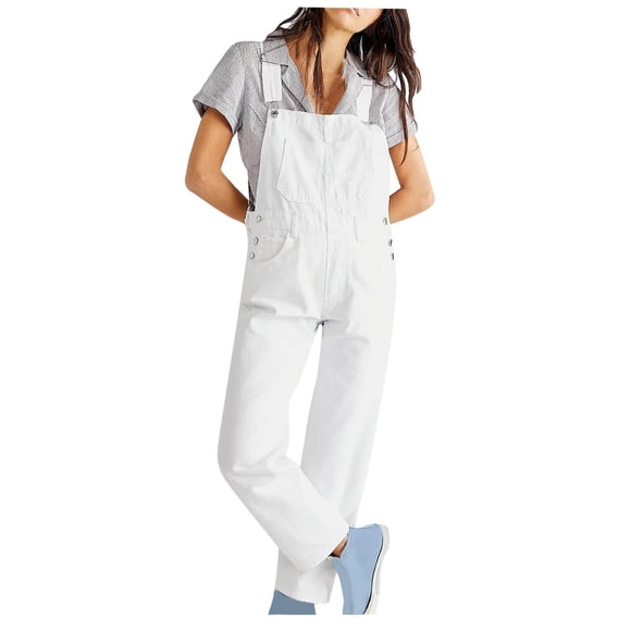 Frostluinai Overalls for Women Straight Wide Leg Denim Overalls Sleeveless Adjustable Strap Distressed Jeans Overalls Loose Fit Overalls with Pocket