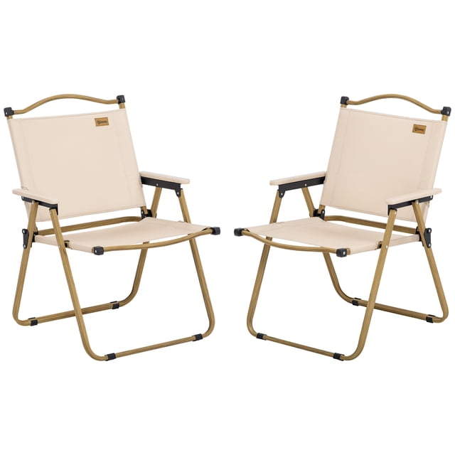 Outsunny Set of 2 Folding Camping Chairs in khaki, measuring 21.3" L x 23.2" W x 30.7" H, with durable 600D oxford fabric and sturdy steel frames. These lightweight, foldable armchairs feature non-slip foot pads for stability and are ideal for camping, picnics, fishing, and outdoor events.