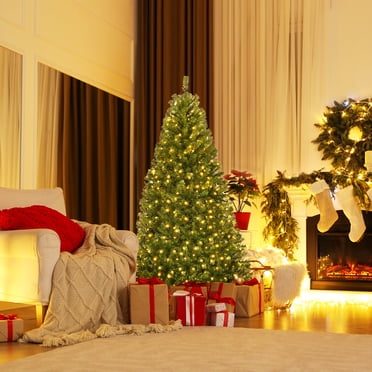 Gymax 5FT Pre-Lit Christmas Tree Hinged Artificial Tree w/ Metal Stand LED Lights
