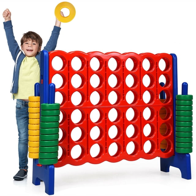 Costway Jumbo 4-to-Score 4 in A Row Giant Game Set for kids and adults, featuring a vibrant red plastic game board with blue supports and stacks of yellow and green rings. A child is seen celebrating next to the game, holding a yellow ring. The set measures 47.5 inches in length, 17 inches in width, and 41 inches in height, making it suitable for family fun indoors or outdoors. Made of durable PE and PP materials, it is lightweight, portable, and easy to assemble.