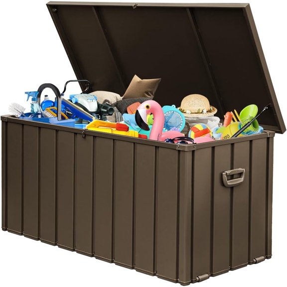 Domi Coffre de Rangement Extérieur de 150 Gallons – Armoire de Rangement Étanche et Verrouillable pour Meubles de Patio, Outils de Jardin et Articles de Piscine – Grand Rangement en Métal pour Coussins, Jouets (Brun)