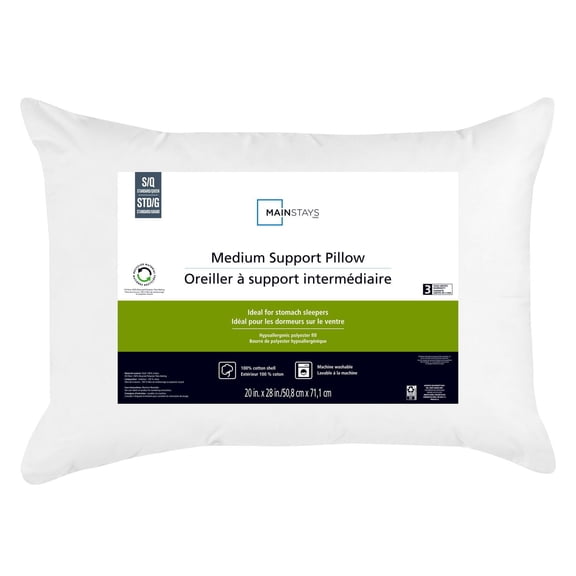 Mainstays Medium Support Bed Pillow, S/Q- Cotton Cover, Stomach Sleeper