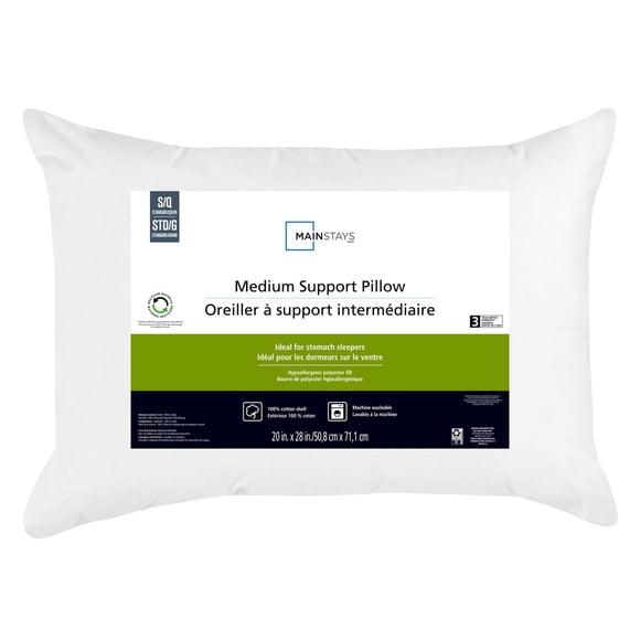 Mainstays Medium Support Bed Pillow, S/Q- Cotton Cover, Stomach Sleeper