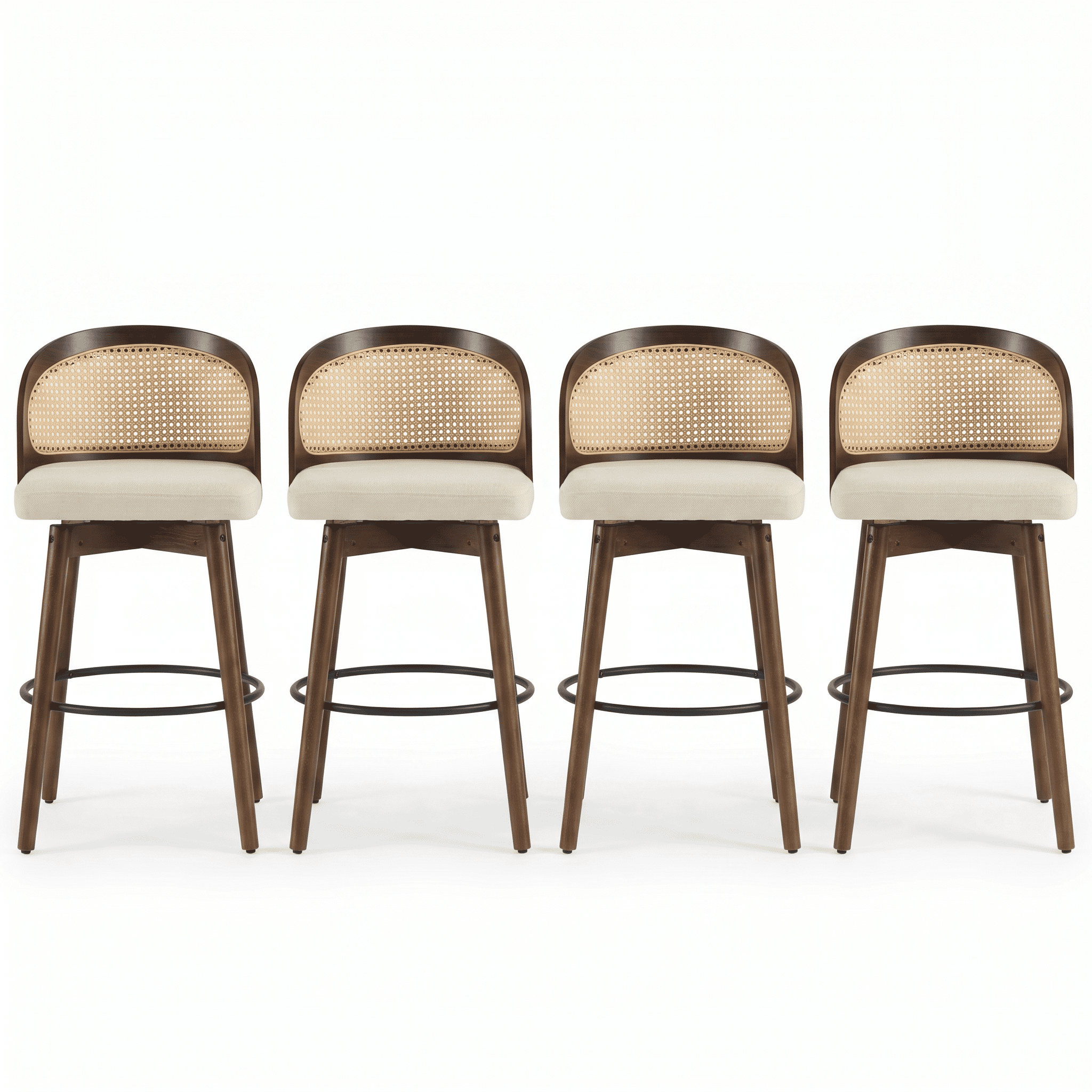 Ensemble de 4 tabourets de bar pivotants Noble House Como, dossier en rotin PE, noyer et beige
