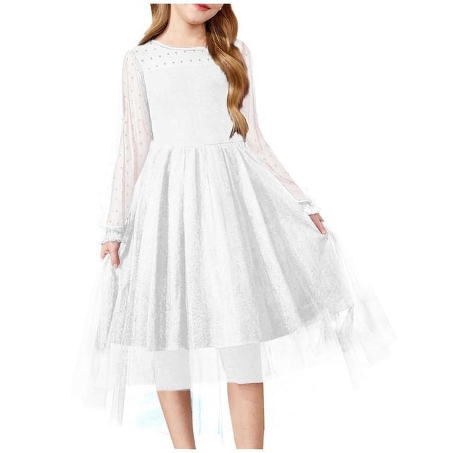 GDREDA Robes d'Été pour Filles 2025 Printemps Robe à Manches Longues pour Filles Robe en Tulle Blanc, 9-10 Ans