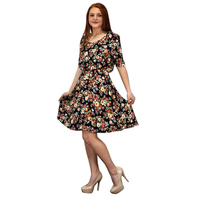 Peach Couture Robe Patineuse Princesse à Manches Mi-Longues pour Femmes à Imprimé Floral Rose avec Coutures