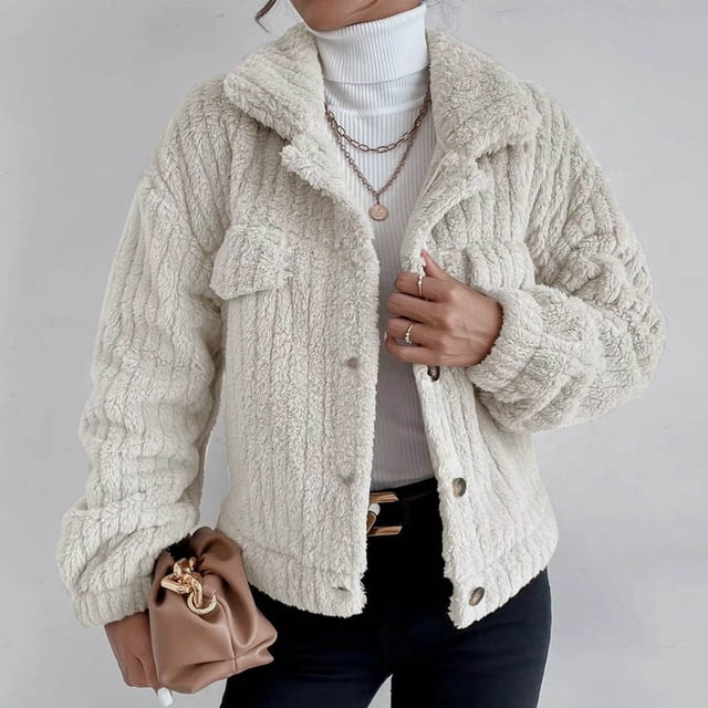 IROINID Veste Courte de Loisirs pour Femmes, Col à Revers, Couleur Unie, Manches Longues, Beige