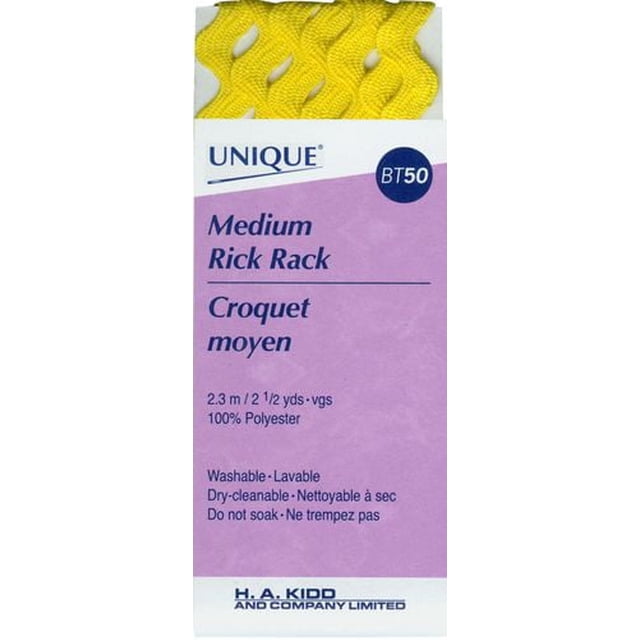 UNIQUE Medium Rick Rack decorative trimming, 6mm wide and 2.3m long, bright yellow 100% polyester with a zigzag pattern, machine washable and dry-cleanable, suitable for sewing and craft embellishments.