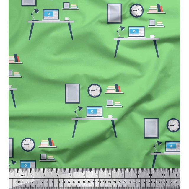 Soimoi Green Rayon Crepe Fabric Monitor,Books & Study Table Education Theme Printed Fabric 1 Yard 46 Inch Wide