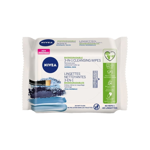 NIVEA 3-in-1 Refreshing Face Cleansing Wipes for normal skin in a white resealable pack with blue and green text, biodegradable formula removes waterproof makeup, hydrates and refreshes skin, contains 40 wipes, ideal for daily use and travel.