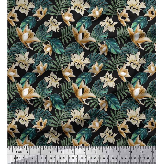 Soimoi Poly Georgette Fabric Monstera Leaf & Floral Print Fabric by Yard 52 Inch Wide