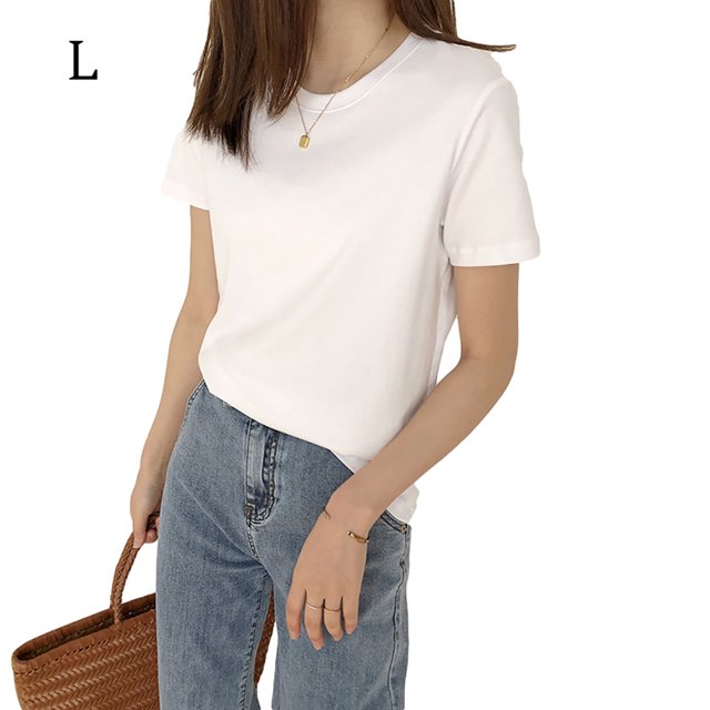 Maoww T-shirt Femme Été Col Rond Manches Courtes Couleur Unie Haut Décontracté, Blanc, L