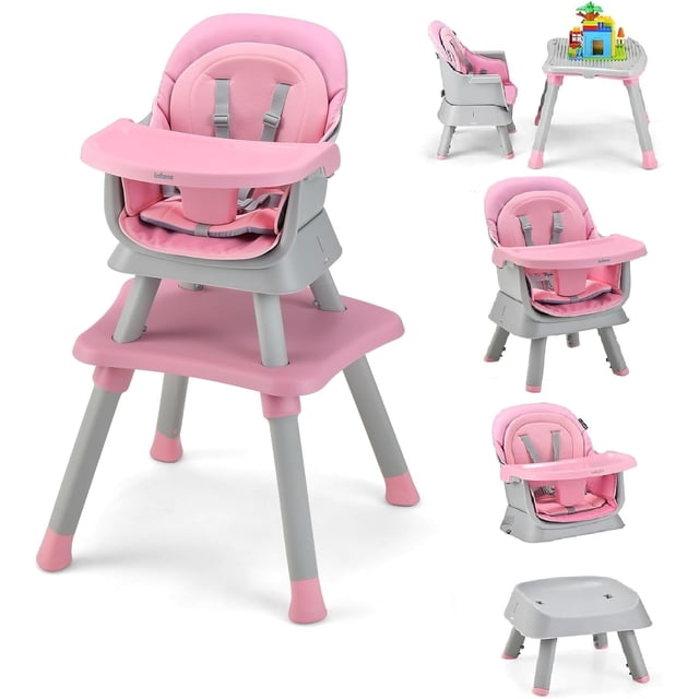 OLAKIDS 8 in 1 Baby High Chair in pink, designed for infants and toddlers, with convertible modes including a traditional highchair, infant dining booster seat, kids table and chair, and building block table. Features a removable tray, adjustable 5-point harness, and stable pyramid structure with non-slip pads for safety.