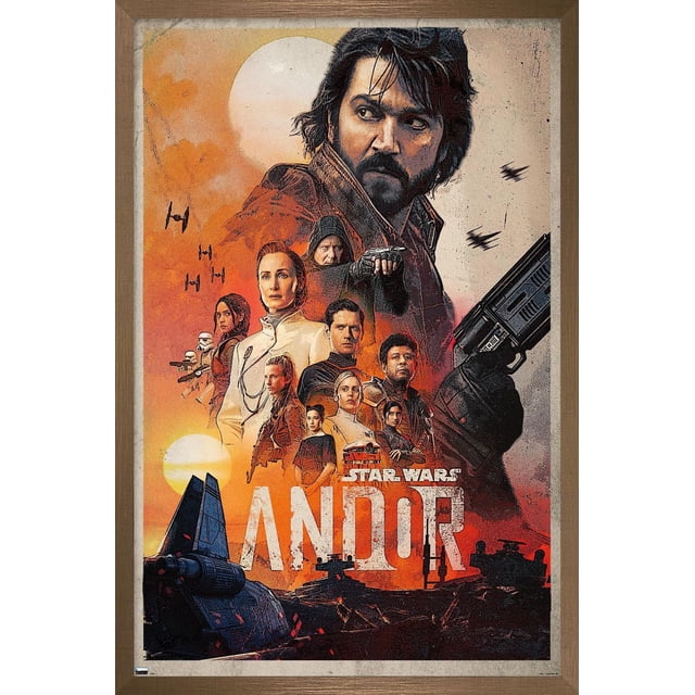 Star Wars : Andor - Affiche Murale d'Une Feuille, 22,375 Po x 34 Po Présentant un collage de Personnages Principaux avec une Grande Figurine Tenant un blaster à Droite, sur Fond orange et beige avec Deux Soleils, des Chasseurs à Nouer en Vol, et un Vaisseau Spatial Star Wars au Bas, Encadré de Bois.