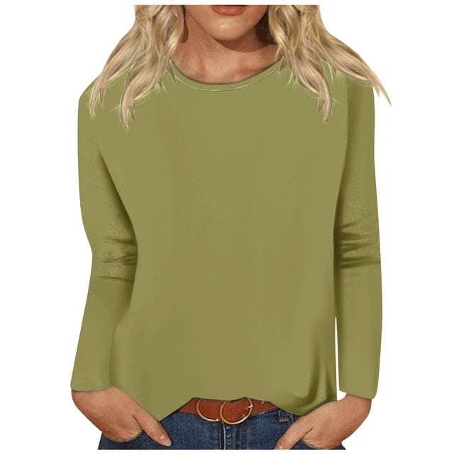 Timegard Womens Tops Long Sleeve Round Neck Solid Color Basic Tee Fall Casual Comfy Loose Tops Blouse