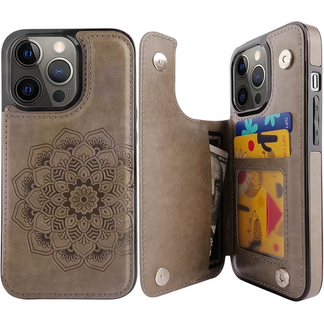 Compatible for iPhone iPhone 11 Pro 5.8' Wallet Case with Card Holder, Mandala Embossed Faux Leather Kickstand Card Slots Case, Handmade Shockproof Protective Slim Soft Flip Phone Case, Grey