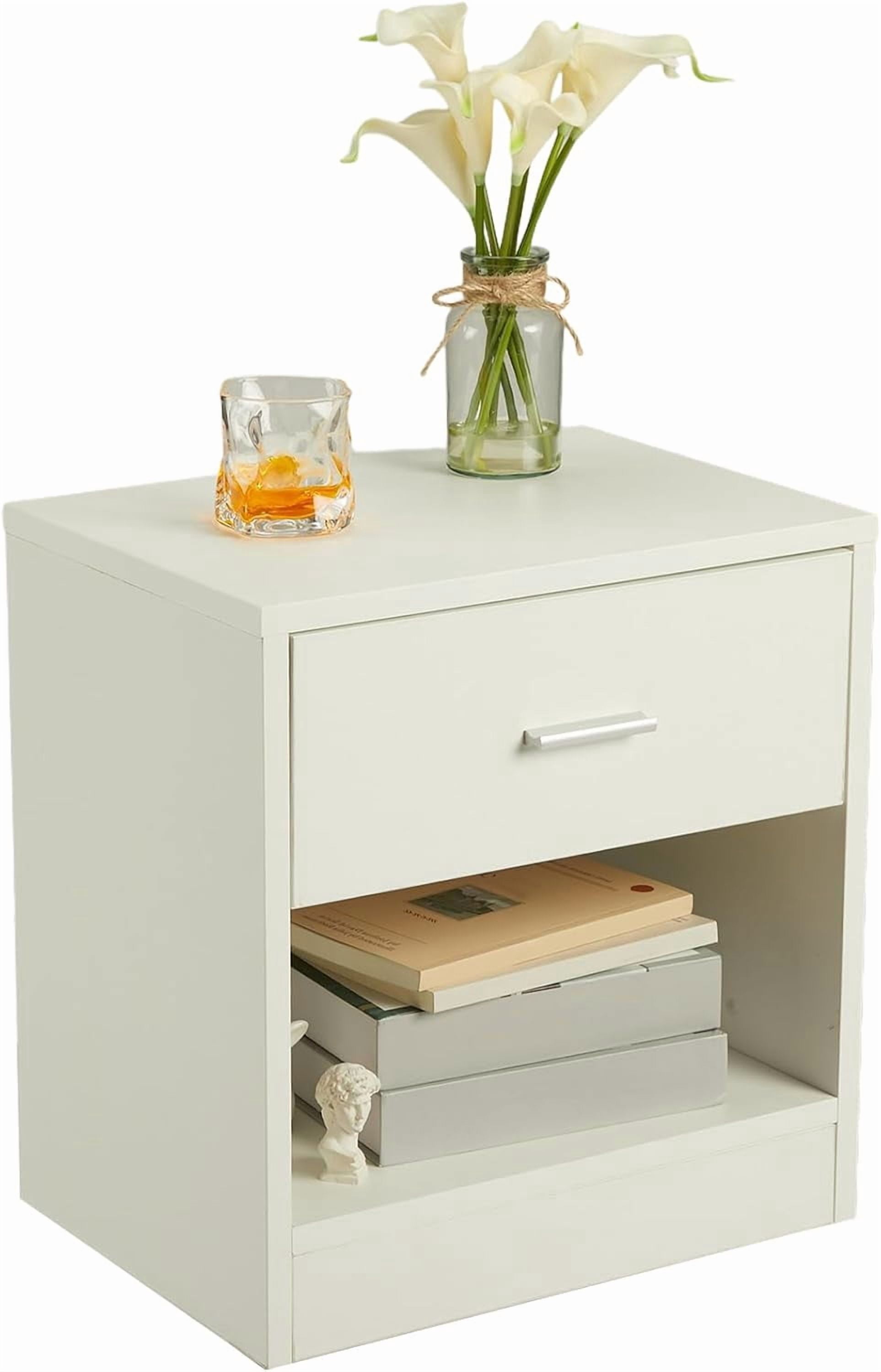 White Nightstand with Drawer, Modern End Table with Open Shelf, Wood Bedside Storage Cabinet for Bedroom, Living Room, Office, 15.35"x11.02"x16.14"