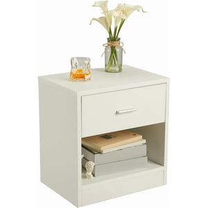 Table de chevet blanche avec tiroir, Table d'extrémité moderne avec plateau ouvert, Armoire de rangement côté bois pour chambre, Salon, Bureau, 15.35"x11.02"x16.14"