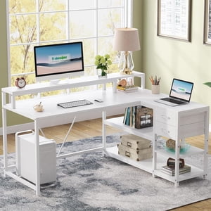 Tribesigns 55" L Shaped Desk with Drawer, Modern White Corner Computer Desk with Storage Shelves and Monitor Stand for Home Office