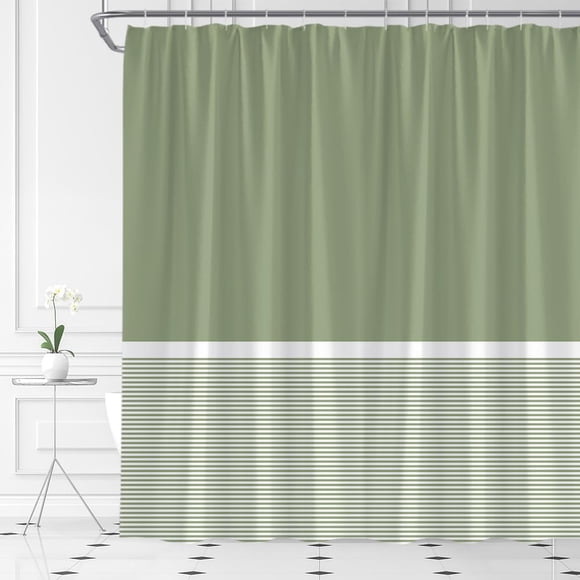 Sage Green and White Striped Shower Curtain, Modern Minimalist Geometric Stripe Waterproof Bathroom Curtain with Hooks, Boho Farmhouse Decor 72"W x 72"H