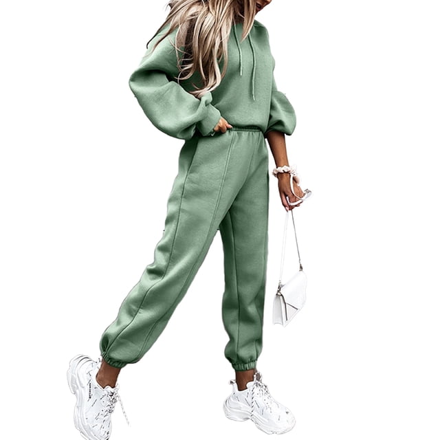 Innerwin Sweatsuits Hoodies Ladies Two Piece Outfit Sports Long Sleeve Loose Fit Jogger Set Green M