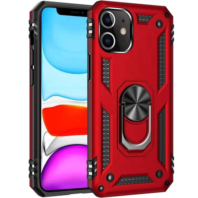 Supershield Armor-X Rugged iPhone 11 Case with Ring Holder in red, designed for rugged protection against drops, impacts, and scratches. Features reinforced edges, textured panels for grip, and an integrated ring holder for secure handling and hands-free viewing. Compatible with magnetic car mounts and includes precision cutouts for easy access to all buttons and ports.