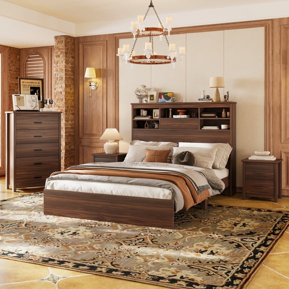 Euroco 4 Pieces Bedroom Furniture Set, Wood Queen Size Platform Bed with Storage Headboard and USB Charging, 2 Nightstands with Drawers, 5 Drawer Storage Dresser, Walnut