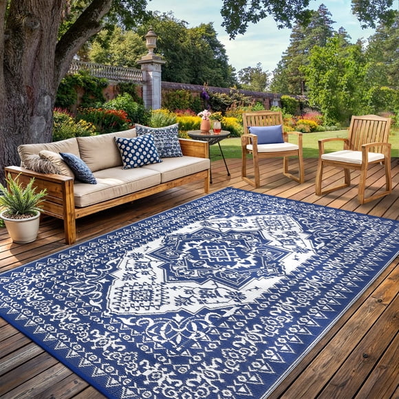 Nanan 9'x18' Vintage Medallion Outdoor Rug, Waterproof UV Resistant Easy Clean Plastic Patio Carpet with Carry Bag for Garden RV Deck Beach,Navy White