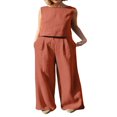 thumbnail image 1 of Women‘s 2PCS Tracksuit Solid Color  Neck Sleeveless Tops Button Closure Wide Leg Trousers Casual Pants Set, 1 of 6
