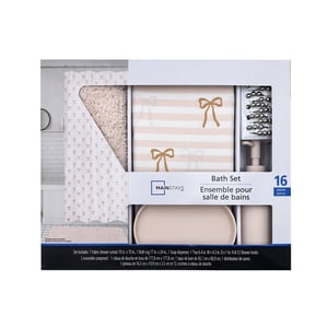 Mainstays 16-Piece Pink Shower Curtain Bathroom Set – Fabric Curtain with Rug, Hooks, Soap Dispenser & Tray