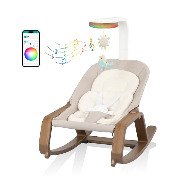 Evenflo Lyra 2-in-1 Infant to Toddler Rocker in Coastal Coffee with beige fabric and white fleece dual-sided cushion, wood-like brown rocker frame, overhead toy bar with plush bird and sun, featuring app-controlled SensorySoothe technology for customizable lights, music, and sounds.