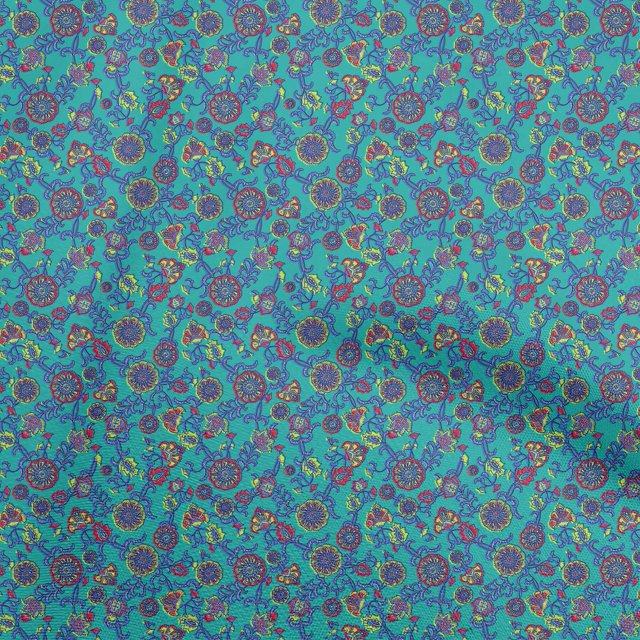 oneOone Georgette Viscose Turquoise Blue Fabric Kalamkari Craft Projects Decor Fabric Printed By The Yard 42 Inch Wide