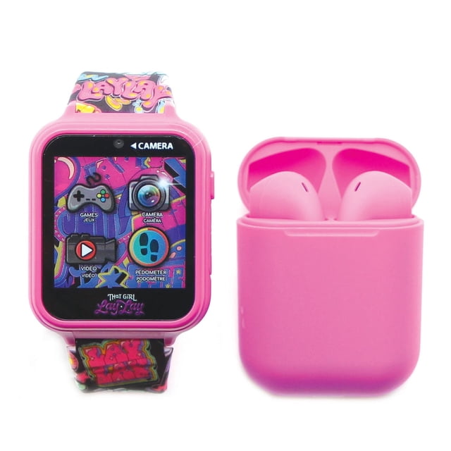 Lay Lay Touch Screen Interactive Watch with Bonus Earbuds in pink featuring a colorful graphic strap and a touchscreen displaying icons for camera, games, video, and pedometer, paired with matching pink wireless earbuds in a charging case, ideal as a kids' introductory smartwatch.