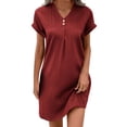 thumbnail image 1 of hotojiny Robes en Coton et Lin pour Femmes 2025 Amples à Boutons Col en V Robe T-Shirt Décontractée Unie à Manches Courtes Roulées Robes Mini de Plage, 1 of 7