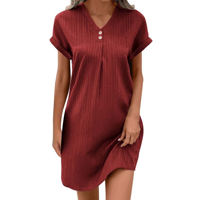 hotojiny Robes en Coton et Lin pour Femmes 2025 Amples à Boutons Col en V Robe T-Shirt Décontractée Unie à Manches Courtes Roulées Robes Mini de Plage