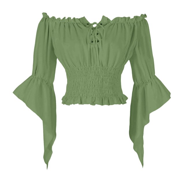 bbymog Womens Renaissance Peasant Blouse Off Shoulder Trumpet Sleeve Tops Green L