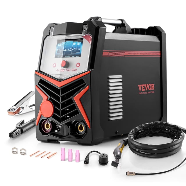 VEVOR TIG Welder 6-In-1 AC/DC Welding Machine with a black and red design, featuring a clear LED display and control knobs. Includes a TIG welding torch, ground clamp, electrode holder, air hose, hose clamps, argon welding regulator, foot pedal, face mask, and conversion plug. Supports AC TIG, DC TIG, AC Pulse TIG, DC Pulse TIG, Spot TIG, and MMA/Stick welding modes. Ideal for DIY projects, outdoor repairs, and welding aluminum, carbon steel, stainless steel, and more. Compact, portable, and made with durable plastic and cold-rolled steel.