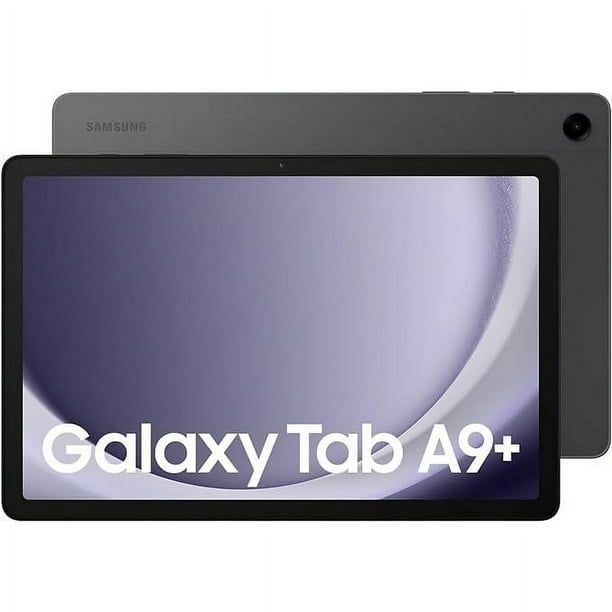 Samsung Galaxy Tab A9+ Plus 11-inch WiFi tablet in grey, featuring a sleek metal body and a stylish design. The tablet offers 64 GB storage and 4 GB RAM, making it suitable for multitasking and entertainment. This 2023 brand-new international version is unlocked for use in all countries, including Canada, and comes with a 3-month seller-provided warranty.